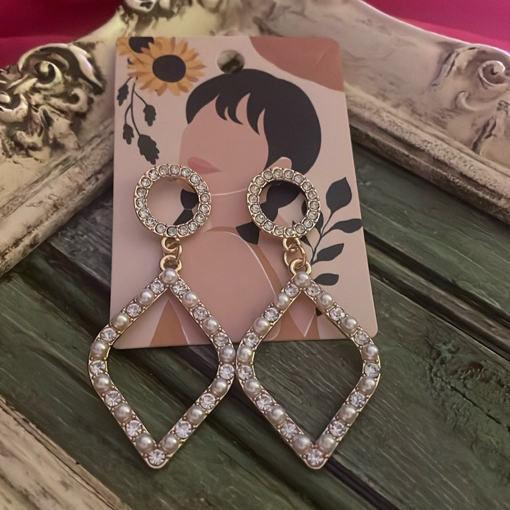 Faux pearl and diamond dangle earrings